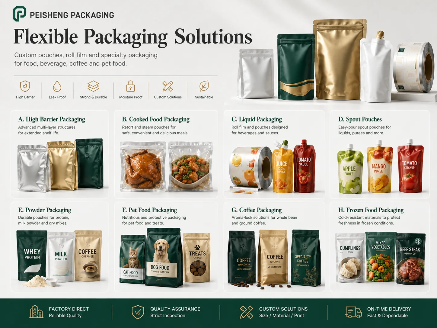 Custom flexible packaging pouches and roll film
